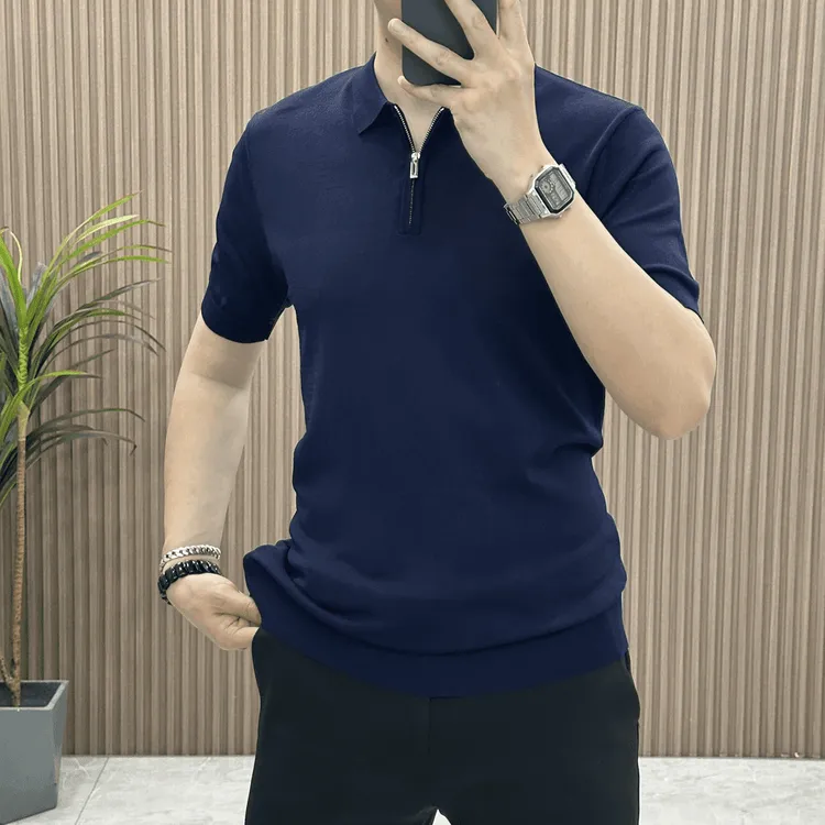 慕礼仕 MALEASY 大码男装冰丝短袖夏季纯色商务休闲拉链针织翻领