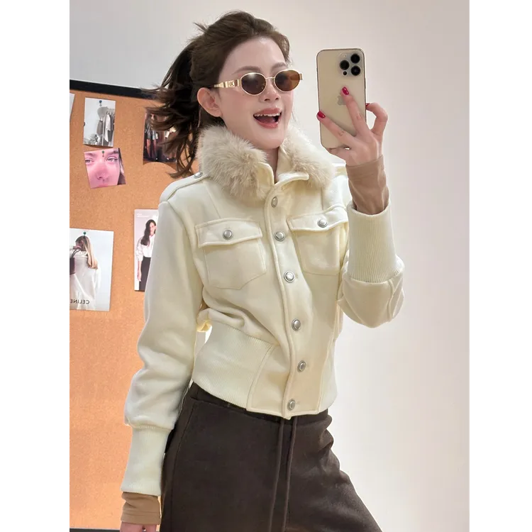 YPP!【热白巧】韩版复古百搭气质高级感毛领夹克毛呢外套