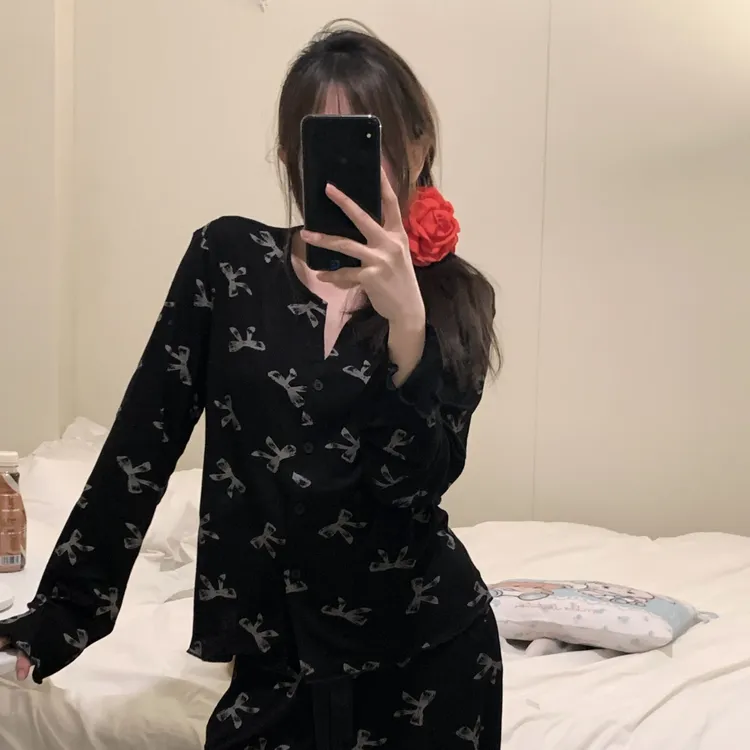 蝴蝶结印花莫代尔棉睡衣女春秋款2025春季新款长袖长裤休闲家居服