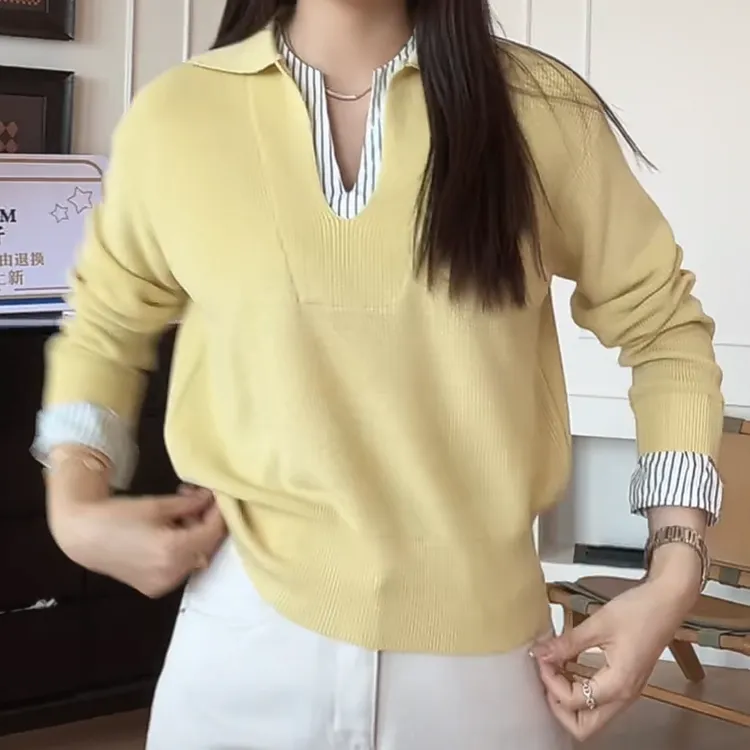设计款假两件撞色拼接条纹针织衫女2025新款早春小众百搭时尚上衣