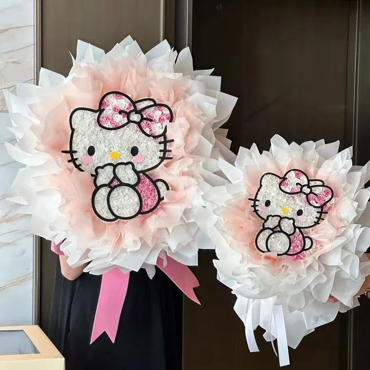 花寻礼韵卡通小猫花束全身款花泥Kitty花泥无纺布造型仿真KT花束