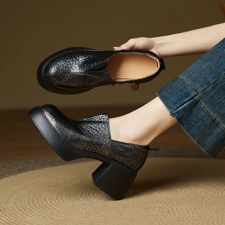 牛皮/8cm/小个子增高跟真皮厚底粗跟英伦风舒适软底日常单鞋女鞋