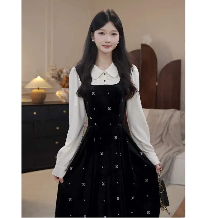 鹿向南「恋恋舞曲」甜美韩系温柔女秋季新款丝绒假两件连衣裙