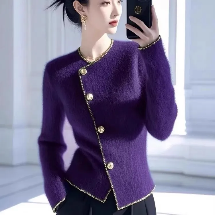 小香风紫色毛衣外套女2025秋冬新款高级感超好看收腰显瘦针织上衣