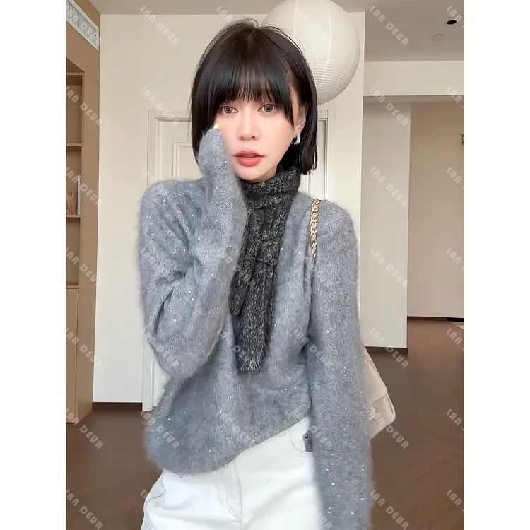 JIUJIU【海风甜心】羊毛羊绒桑蚕丝长毛拉毛细闪气质显瘦针织衫女