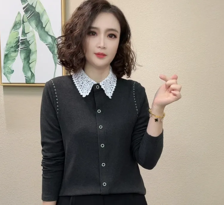 2025秋冬新款洋气时尚百搭气质蕾丝翻领拼接保暖打底上衣小衫#871