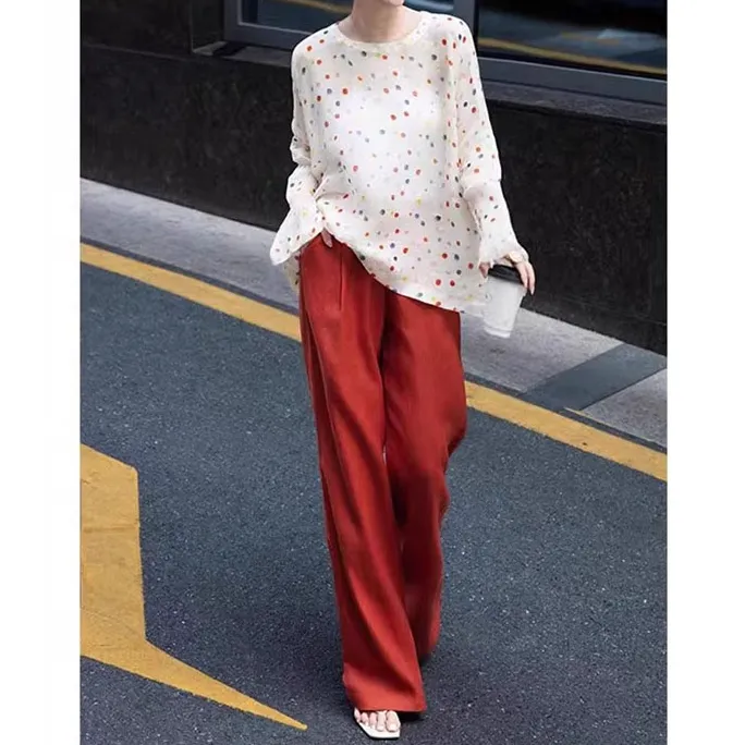 时尚独特绝美夏天套装女2025新款白色波点圆领上衣高腰长裤两件套