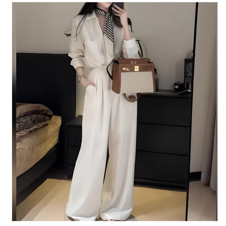 网红时尚套装长袖老钱风秋夏季休闲百搭阔腿裤三件套配丝巾！洋气