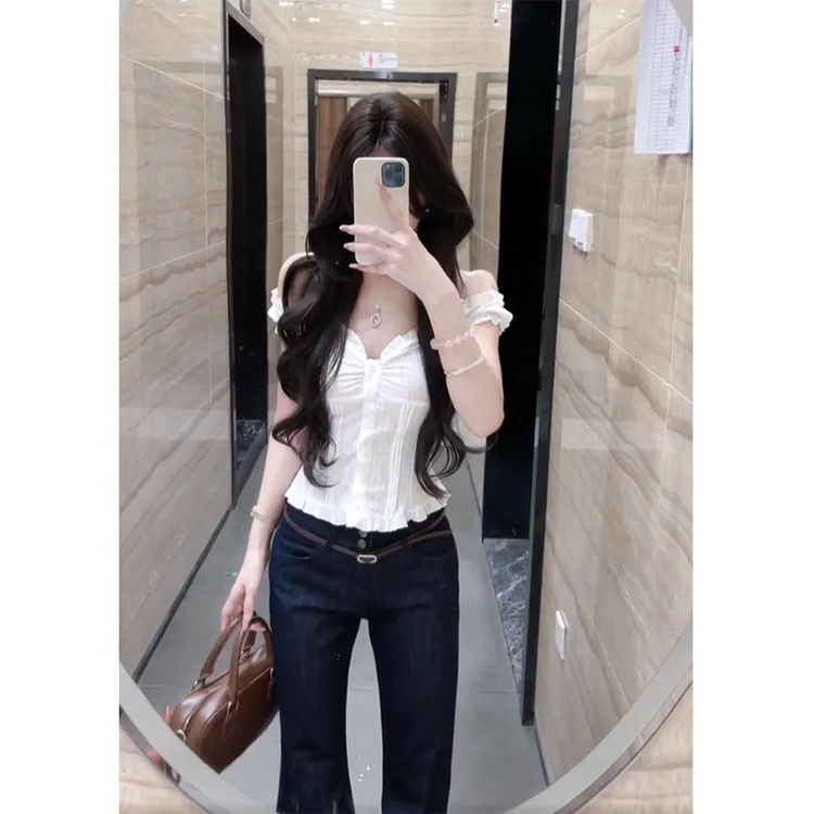 时尚穿搭女士夏季V领排扣修身显瘦百搭小众韩系上衣纯欲牛仔裤