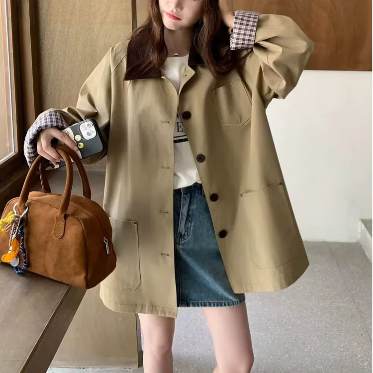 薄款韩版常规袖上衣翻领秋季气质袖口拼接撞色灯芯绒领风衣