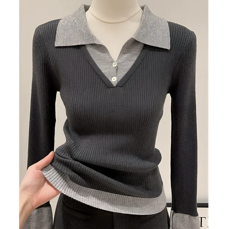 也太美了吧！Polo长袖针织打底衫女秋冬新款假两件设计感内搭上衣