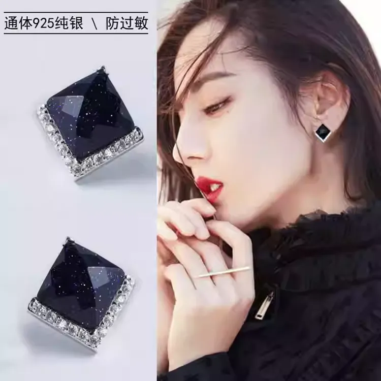 925银耳饰 蓝砂石方形耳钉女百搭气质轻奢小众个性耳环耳饰简约