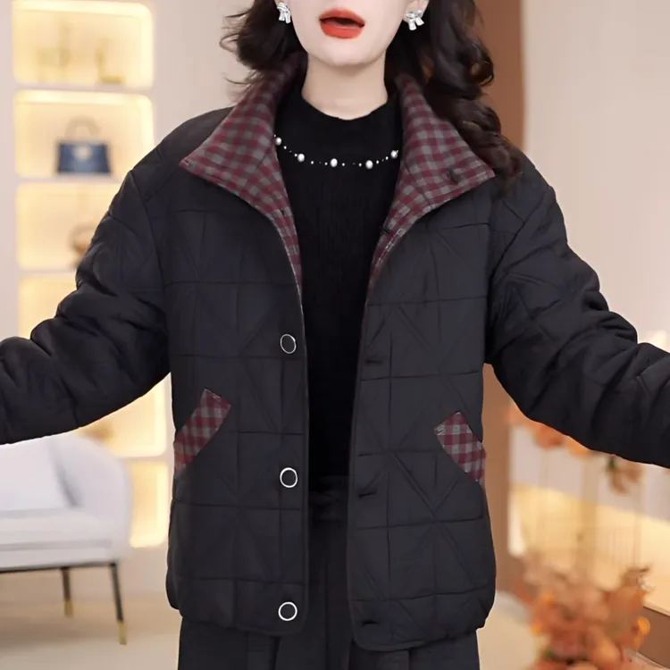 2026加厚外套短款棉服保暖新款冬季时尚显瘦格纹拼接棉衣通勤外套