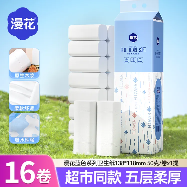 漫花蓝色系列小卷纸家用实惠无芯卷纸厕纸柔软白色卫生纸800g/提