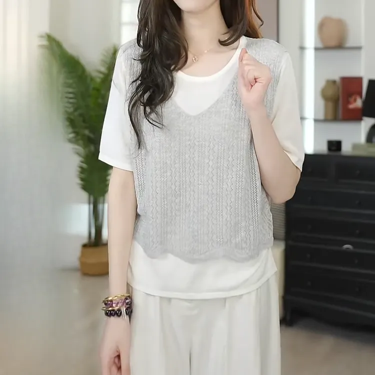 假两件撞色拼接短袖针织衫女2025新款夏天遮肉显瘦百搭设计感上衣