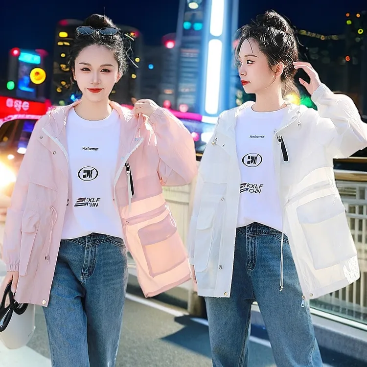 大码防晒衣女夏季新款韩版中长款轻薄风衣休闲连帽收腰外套防晒服