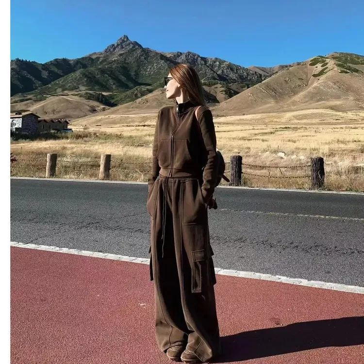 美式复古运动服套装女秋季宽松显瘦时尚炸街卫衣阔腿裤休闲两件套