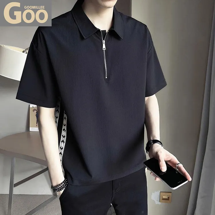 带拉链男士衬衫短袖冰丝T恤休闲痞帅夏季新款男装上衣半袖黑衬衣