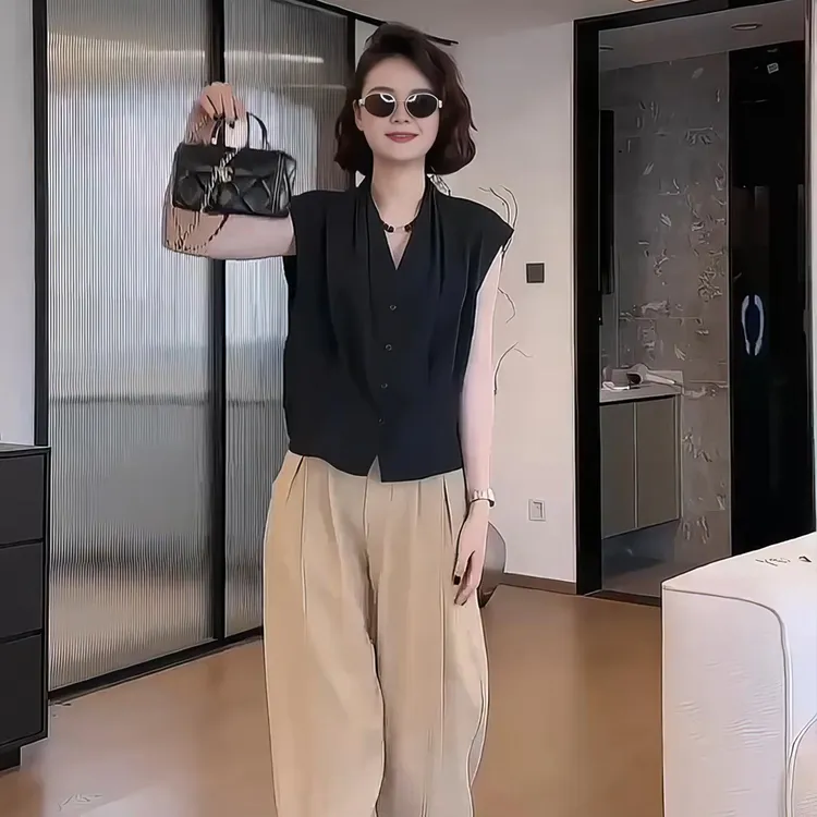 时尚气质V领无袖上衣简约百搭坎肩背心通勤阔腿裤时尚炸街两件套