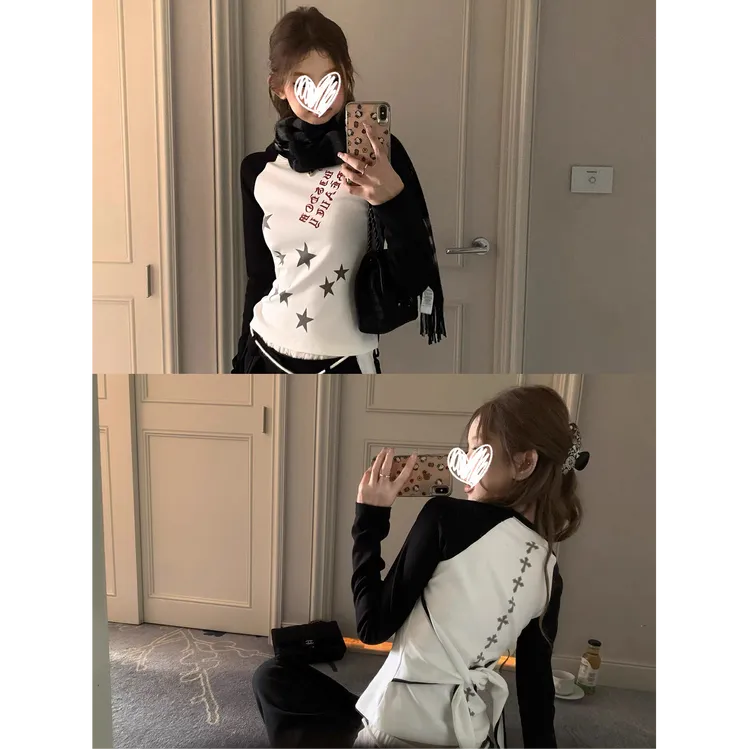 甜酷见习生 美式复古撞色印花长袖T恤女修身显瘦上衣秋#Y8231