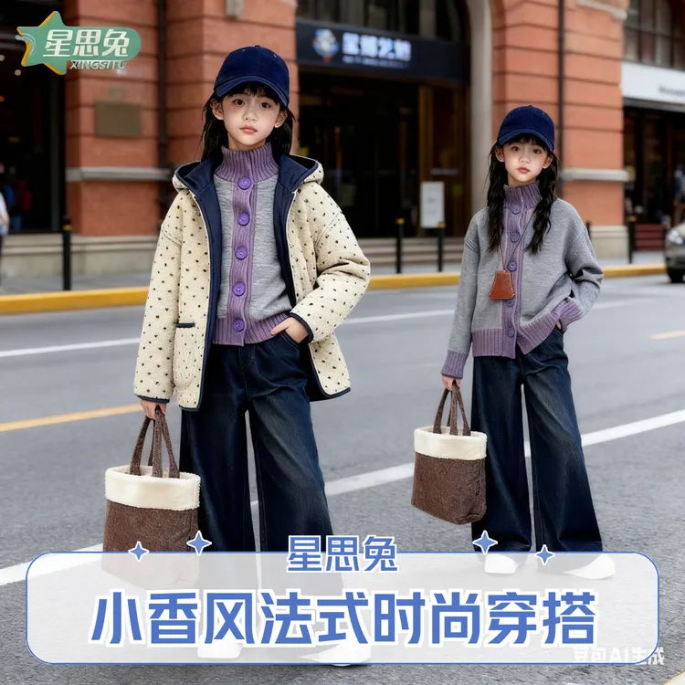 星思兔冬季新款女童保暖套装毛绒外套毛衣针织衫牛仔裤拉链连帽