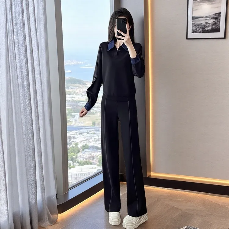 休闲套装女两件套春秋显瘦气质洋气时尚长袖黑色减龄宽松两件套女