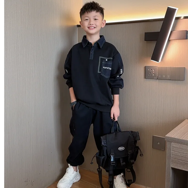 秋季新款男童儿童休闲撞色男孩中大童潮童翻领帅气儿童穿搭套装