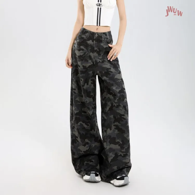 JWUW迷彩工装裤新款女款迷彩系列高腰美式2025休闲复古阔腿牛仔裤