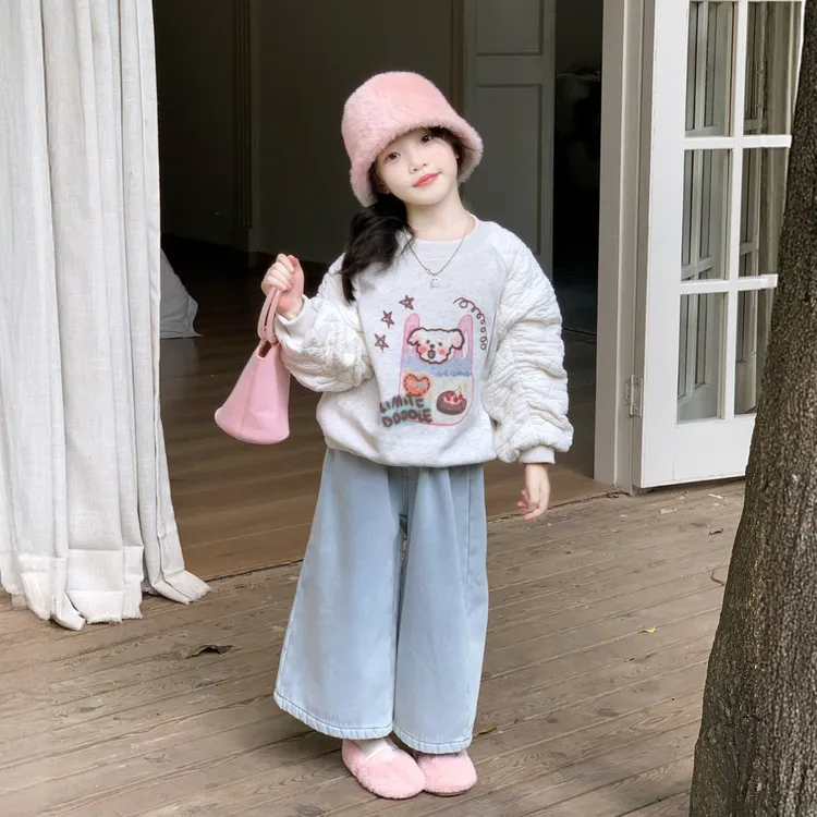 韩系女童冬可爱卡通加绒卫衣洋气拼接加厚上衣女宝百搭加绒牛仔裤