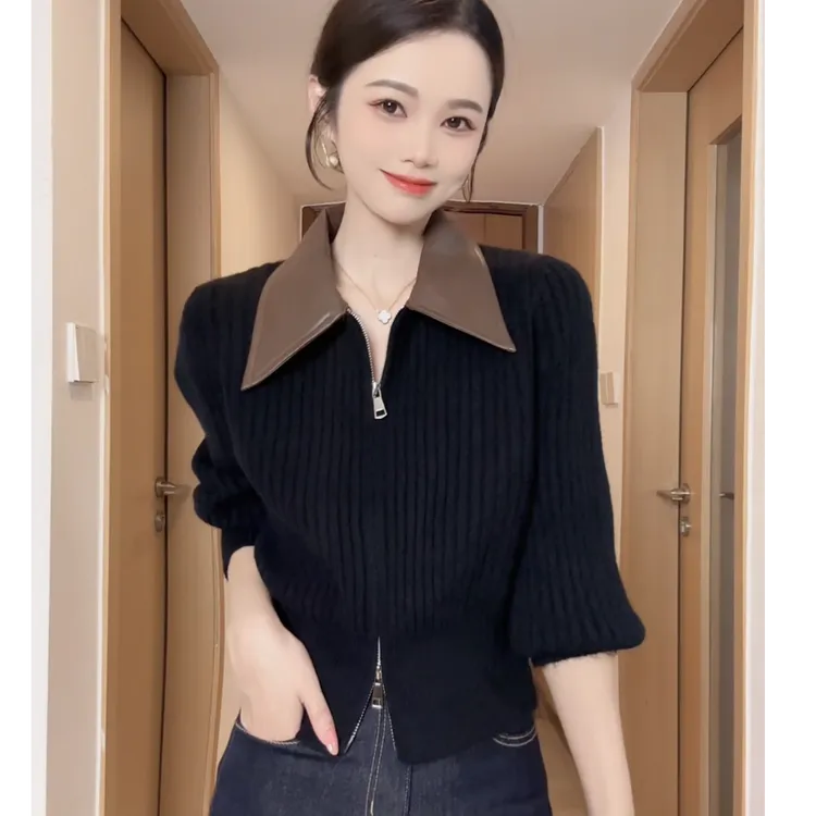 【秋季新品】休闲风长袖网红百搭开衫时尚套装早秋韩版秋季气质翻领