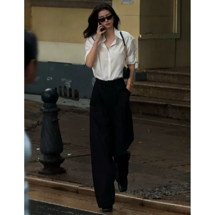 休闲廓形衬衫女长袖气质通勤白色衬衣百搭宽松上衣黑色垂感西装裤