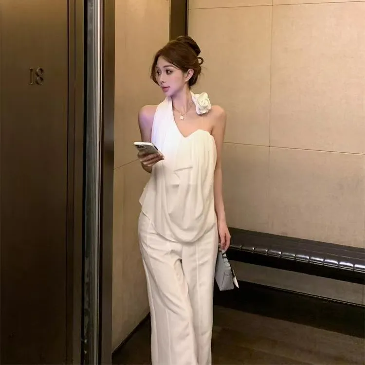 2025早春一整套韩系chic别致设计感露肩无袖上衣配高腰休闲裤套装