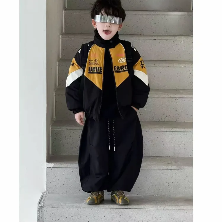 男童冬款机车风加棉外套2025新款韩版酷帅男宝宝时尚拼色两件套潮