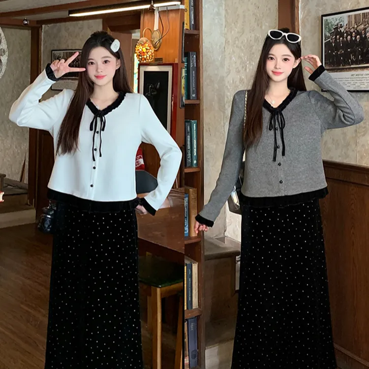 大码女木耳边系带长袖上衣波点半身裙套装23468上衣+23411半身裙