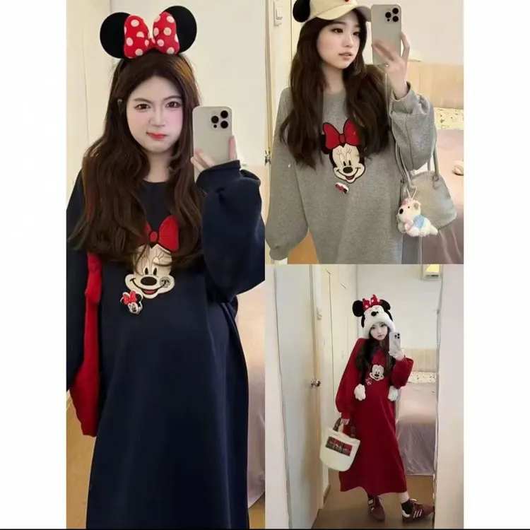 【FAFA】大码女装加绒韩系米奇慵懒宽松印图圆领卫衣加厚冬季连衣裙