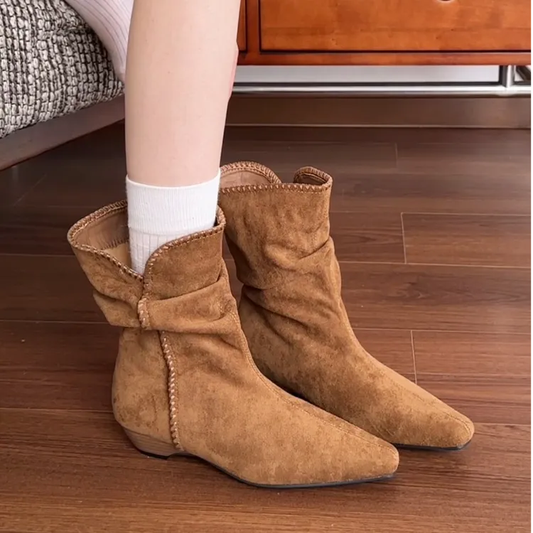 复古绒面粗跟堆堆靴2025秋冬女款休闲百搭短靴v口西部牛仔马丁靴