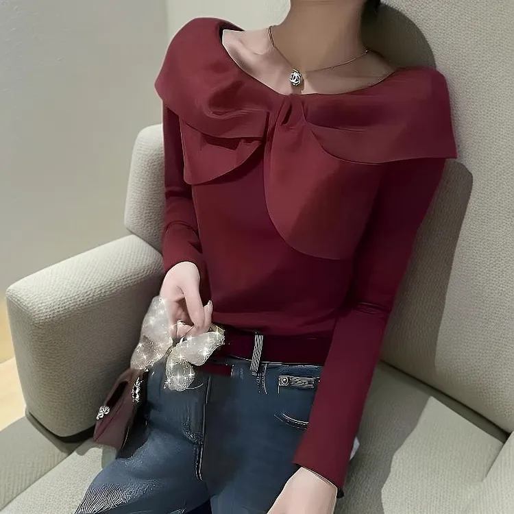 设计感一字肩蝴蝶结长袖T女欧货2025春秋冬新款修身显瘦上衣百搭