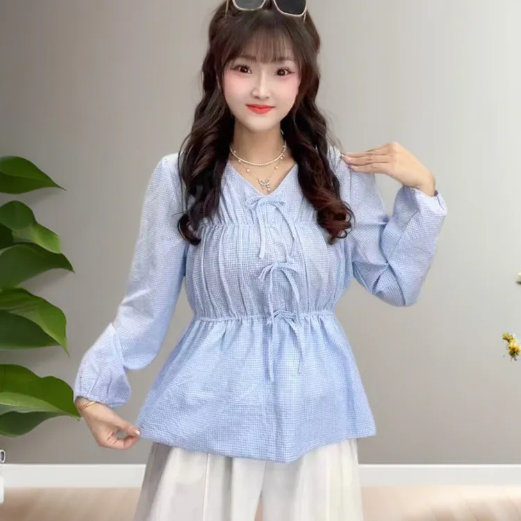 2025秋季新款长袖气质甜美格子蝴蝶结弹力收腰上衣7838*