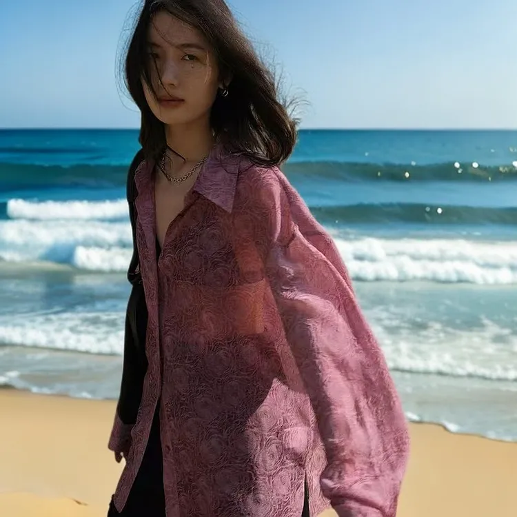 防晒衬衫女夏3D压花微透ins风小众宽松长袖衬衣外穿女裤夏季薄款