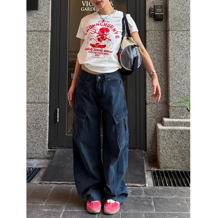 美式复古高街多口袋直筒工装裤夏季褶皱直筒宽松阔腿裤休闲裤女