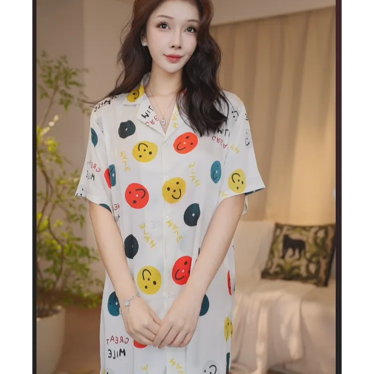 DAVINCIART达芬奇密码新款七彩笑脸性感宽松外穿网红舒适衬衫睡裙