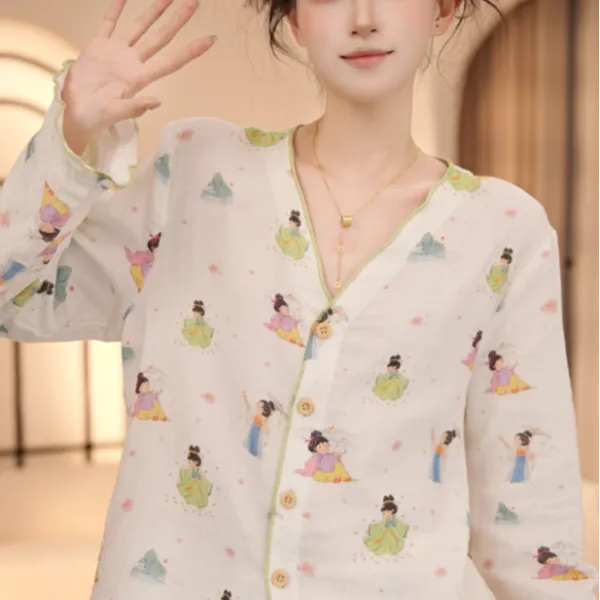 VINEEMAN【V领娃娃】秋冬季新款长袖睡衣女纯棉卡通甜美风外穿套装