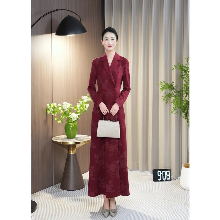 秋季长袖酒红色拼色2025新款西装领收腰显瘦连衣裙