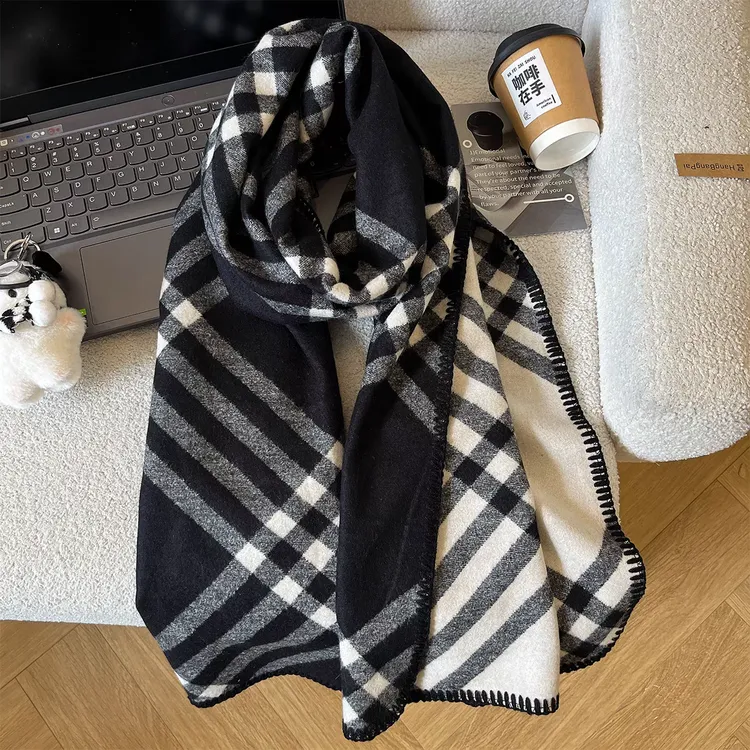 仿羊绒黑色网格180*50长巾全智炫同款韩版丝巾围巾披肩外搭L239