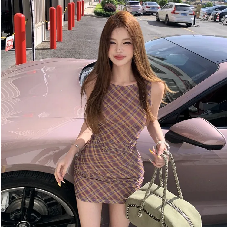 复古格子无袖背心连衣裙女装夏季辣妹修身裙子显瘦收腰包臀短裙子