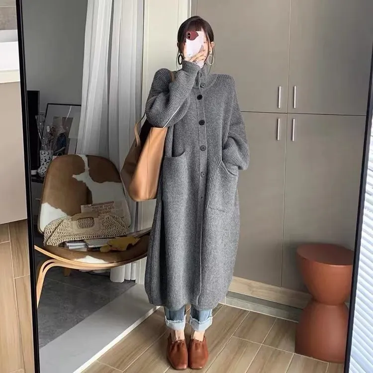 时尚慵懒风高领毛衣女单排扣纯色长袖针织开衫中长款外套女春秋