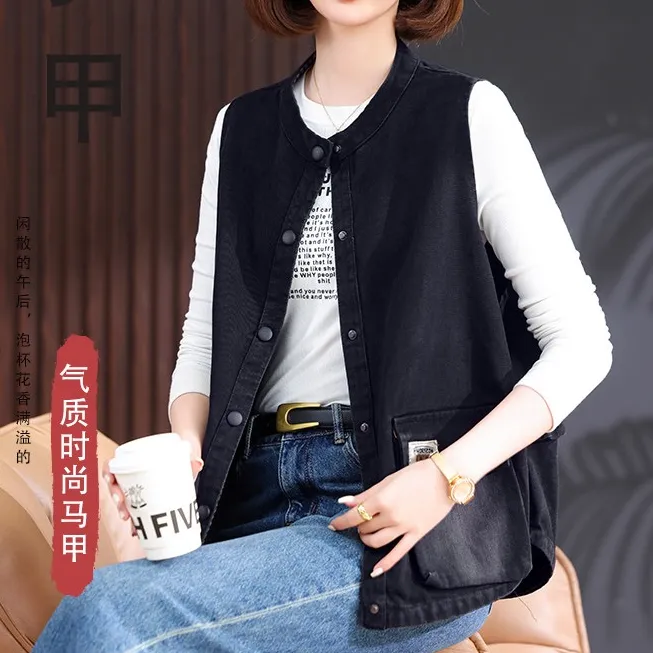 春秋时尚洋气气质休闲宽松百搭女士水洗软牛仔马甲工字型马夹