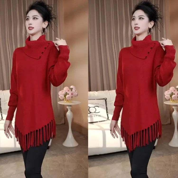 冬季时尚女装针织衫保暖衣2025新款百搭流苏大码休闲中老年妈妈装