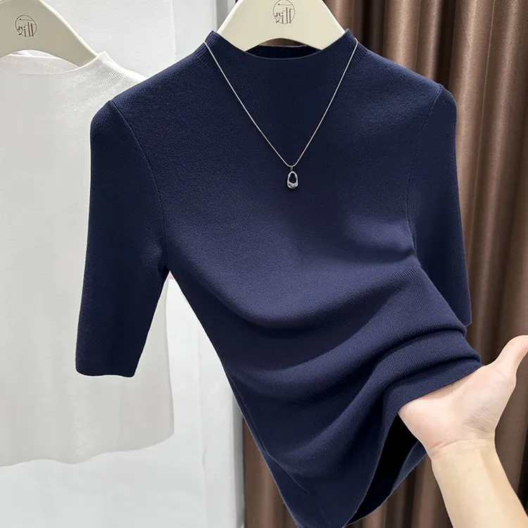 藏青色半高领修身薄款上衣2025秋季新款透气针织毛衣打底衫内搭女