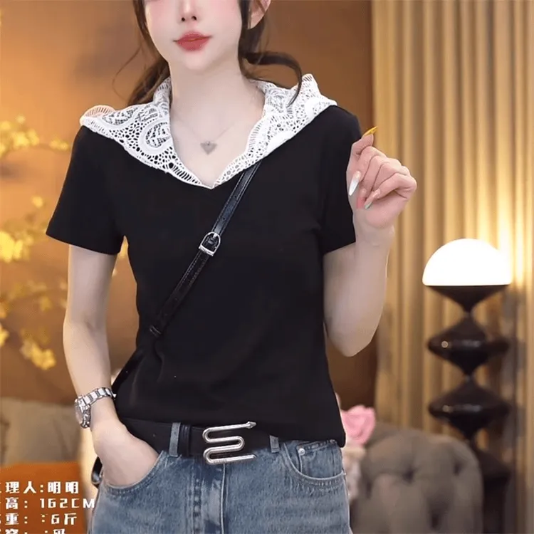 设计师款蕾丝连帽短袖T恤女2025夏季新款时尚休闲百搭显瘦上衣潮